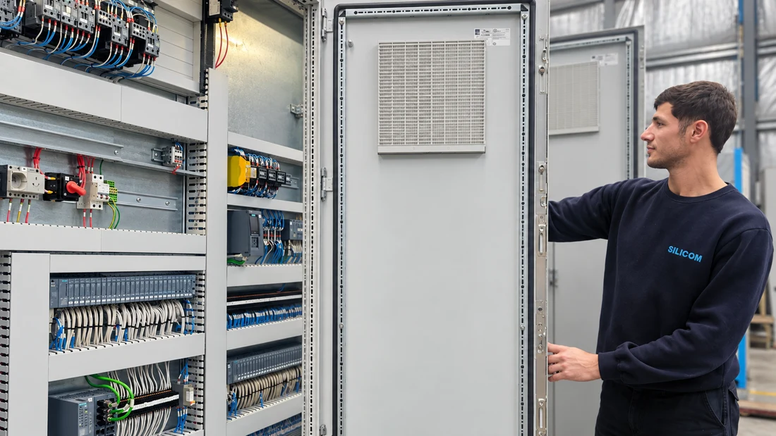 Técnico de Silicom junto a un gabinete eléctrico abierto
